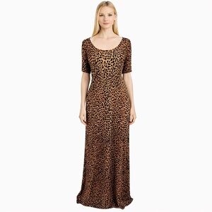 Jostar Leopard Animal Print Maxi Dress Slinky Travel Knit Short Sleeve Size OS